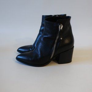 Womens Bruglia Black Leather Block Heel Pointy Ankle Double Zip Bootie 37 US/7 *